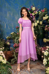 Asymmetrical Organza Midi Dress with Puff Sleeves and Ruched Bodice